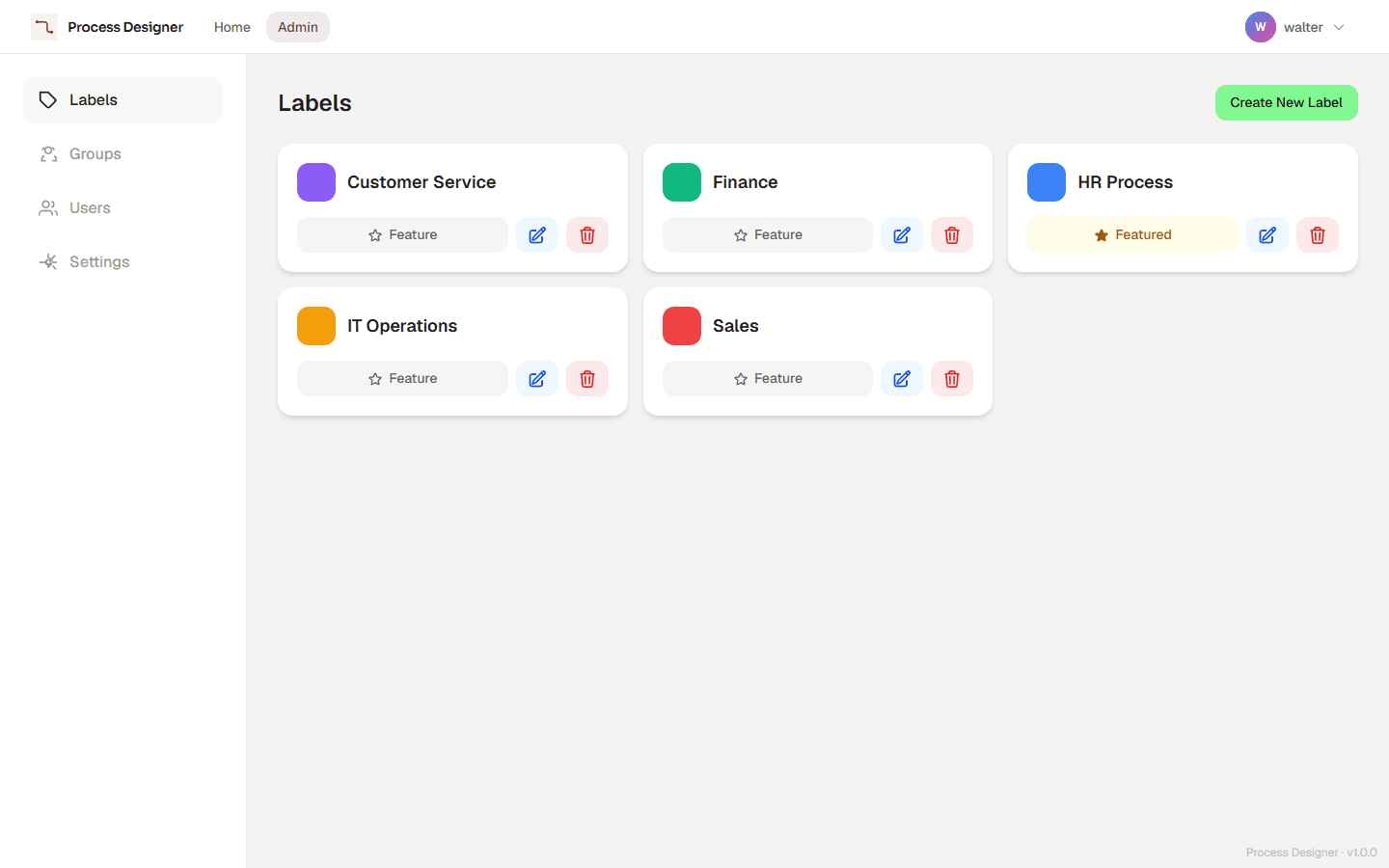 The Labels section of the admin panel