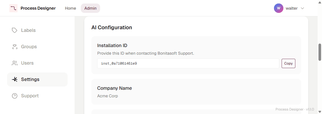 The AI Configuration section: the Installation ID with its Copy button, and the company name