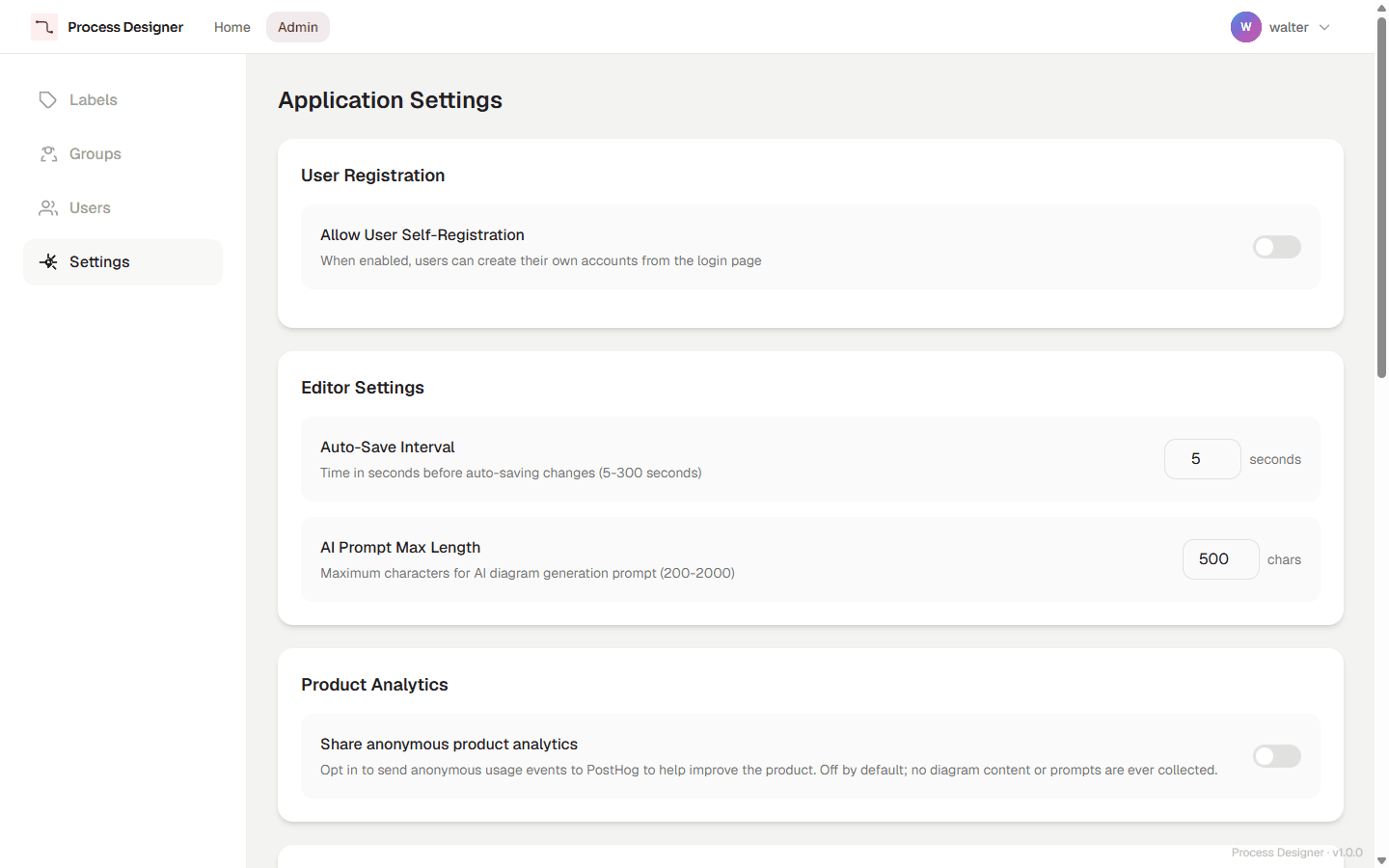 The Settings section of the admin panel