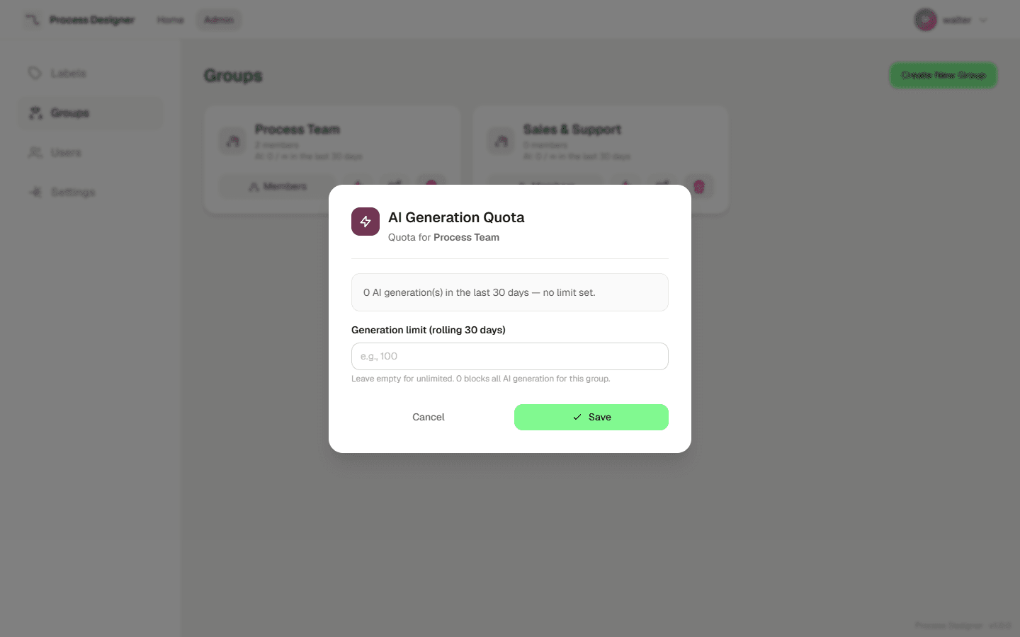 The AI generation quota dialog for a group