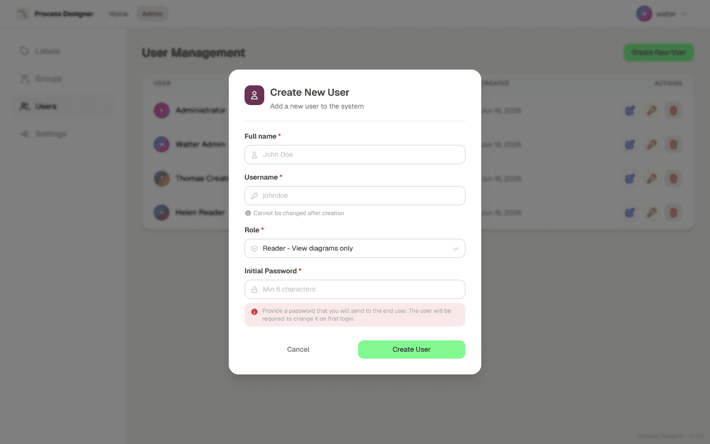 The Create New User dialog