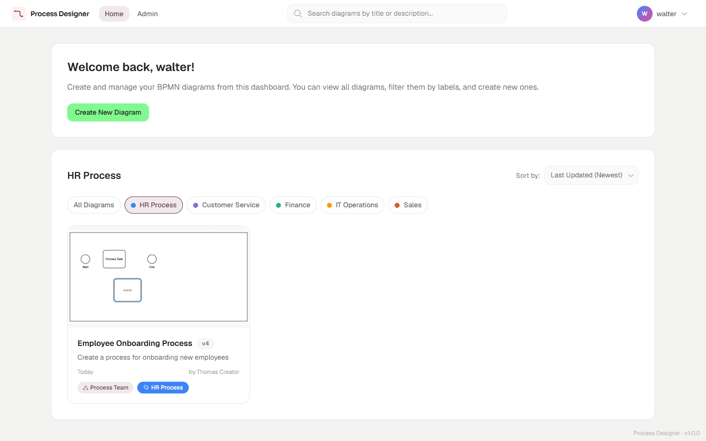 The home dashboard: diagram grid, search, label filter and sort