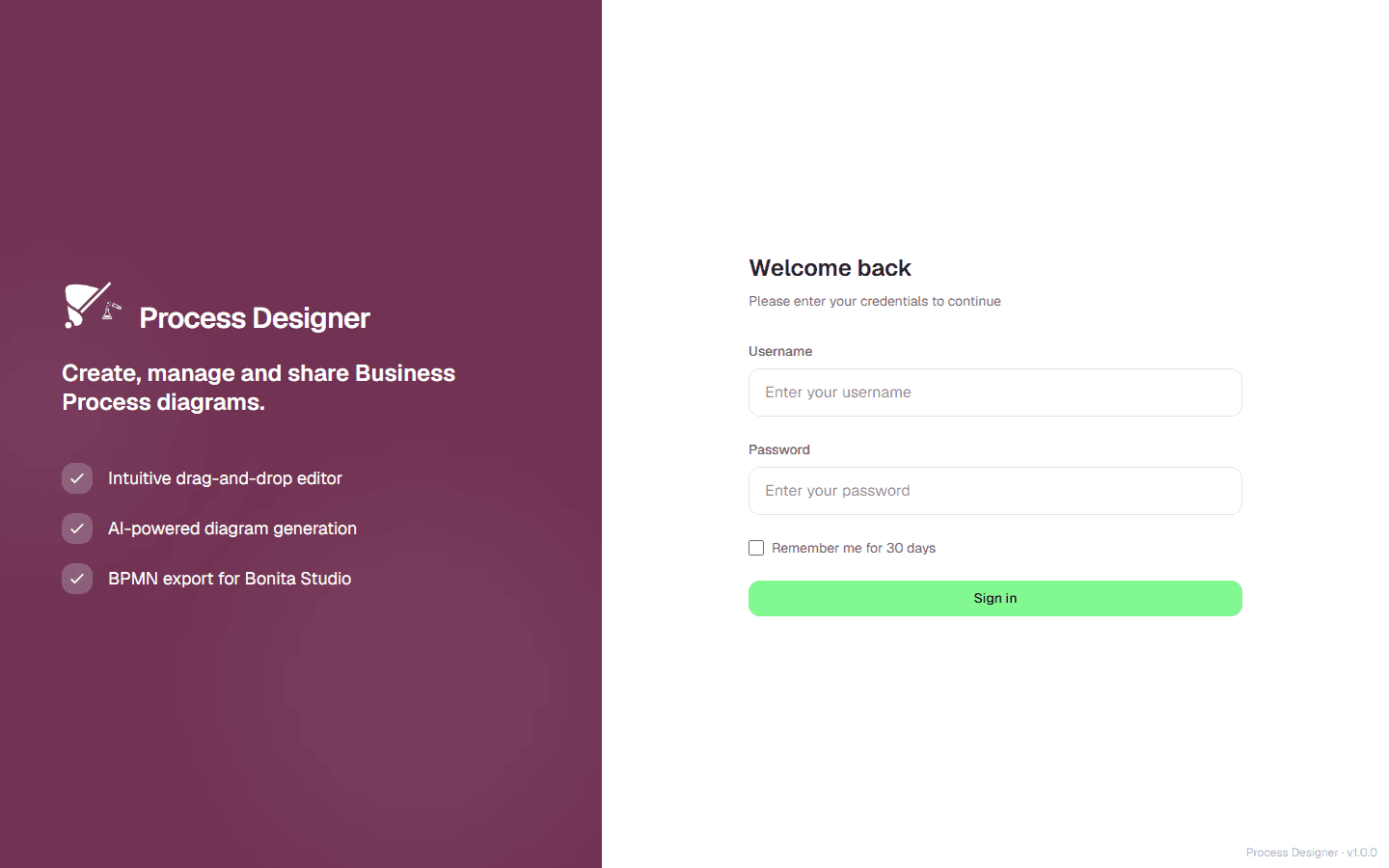 The Bonita Process Designer sign-in page