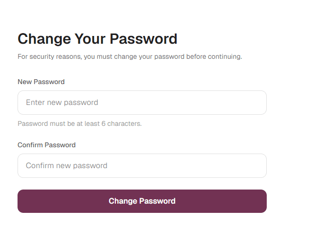 The Change Your Password form, with New Password and Confirm Password fields, the hint "Password must be at least 6 characters." and a Change Password button