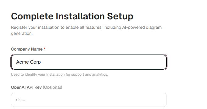 The Complete Installation Setup form, with a required Company Name field filled in with Acme Corp and an empty OpenAI API Key field marked Optional