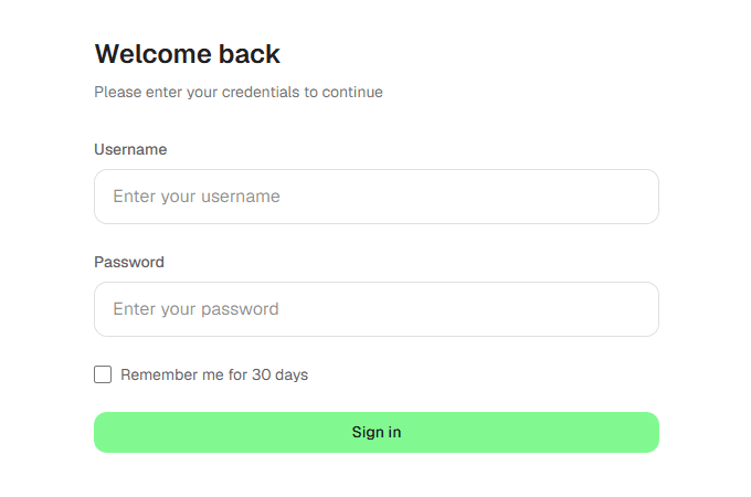 The sign-in form, headed "Welcome back", with Username and Password fields, a "Remember me for 30 days" check box and a Sign in button
