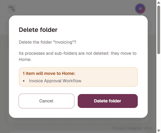 The Delete folder dialog for the Invoicing folder: the explanation that processes and sub-folders move to Home, the list 1 item will move to Home: Invoice Approval Workflow, and the Cancel and Delete folder buttons