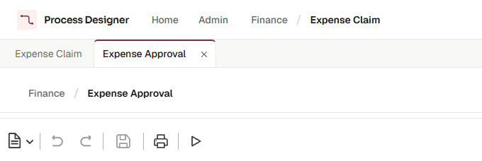 The top of the editor with two document tabs, Expense Claim and Expense Approval. The header keeps the path of the first tab, Finance / Expense Claim; under the tab strip, the active tab shows its own path, Finance / Expense Approval; below it, the left part of the toolbar