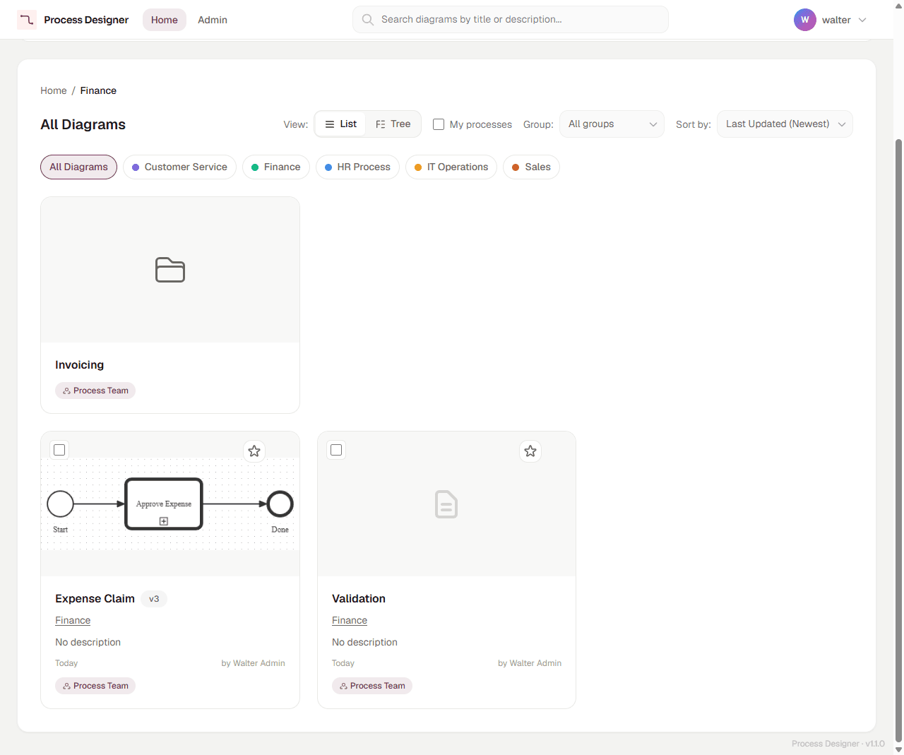 The Finance folder in the List view: the breadcrumb Home / Finance, the Invoicing folder tile, and the Expense Claim card, with its v3 badge, and the Validation card, each with the filing path Finance, a checkbox and a star
