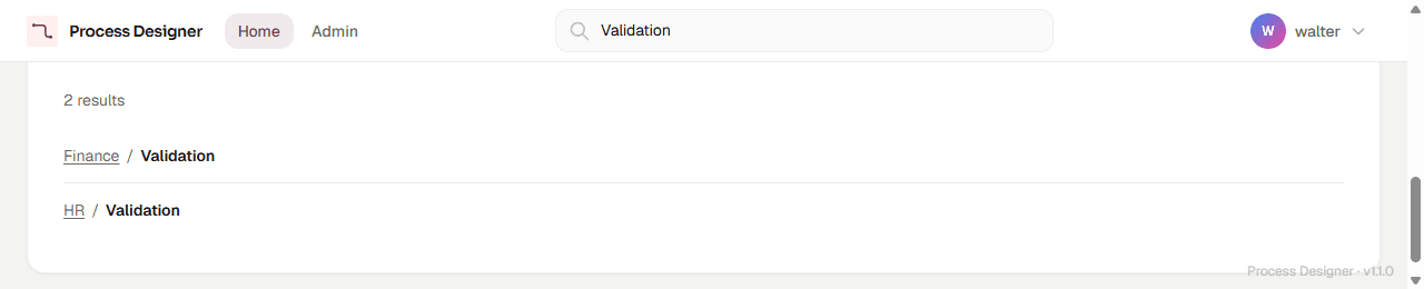 The header search field containing Validation, and the 2 results: Finance / Validation and HR / Validation