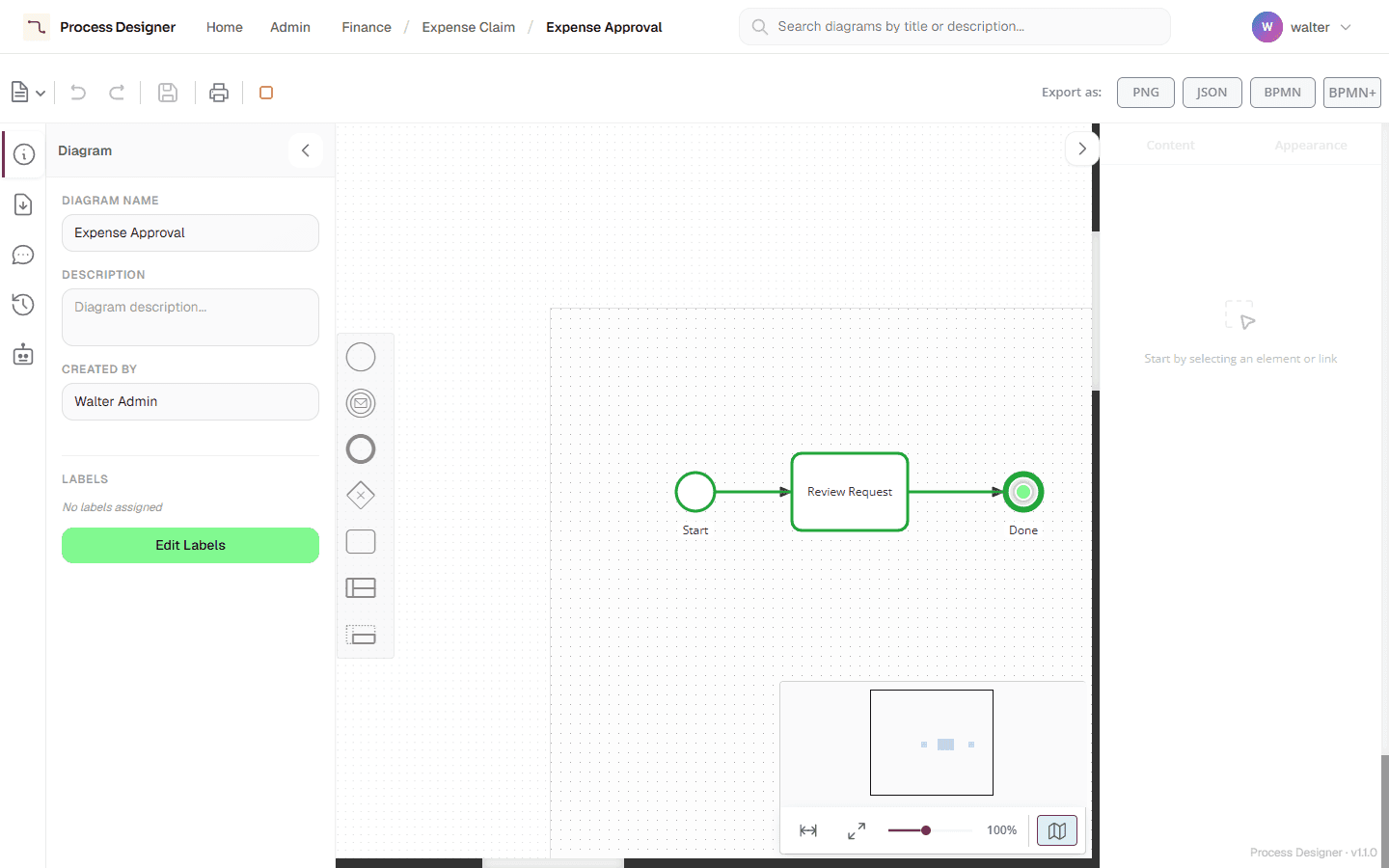 A simulation whose token has just reached the end event: the visited start event, task, flows and end event are highlighted in green, the palette and inspector are dimmed, and the toolbar shows the red Stop simulation button