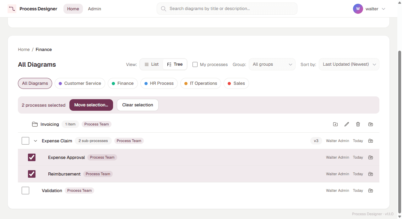 The Tree view of the Finance folder with Expense Approval and Reimbursement selected, and the selection bar: 2 processes selected, Move selection…, Clear selection