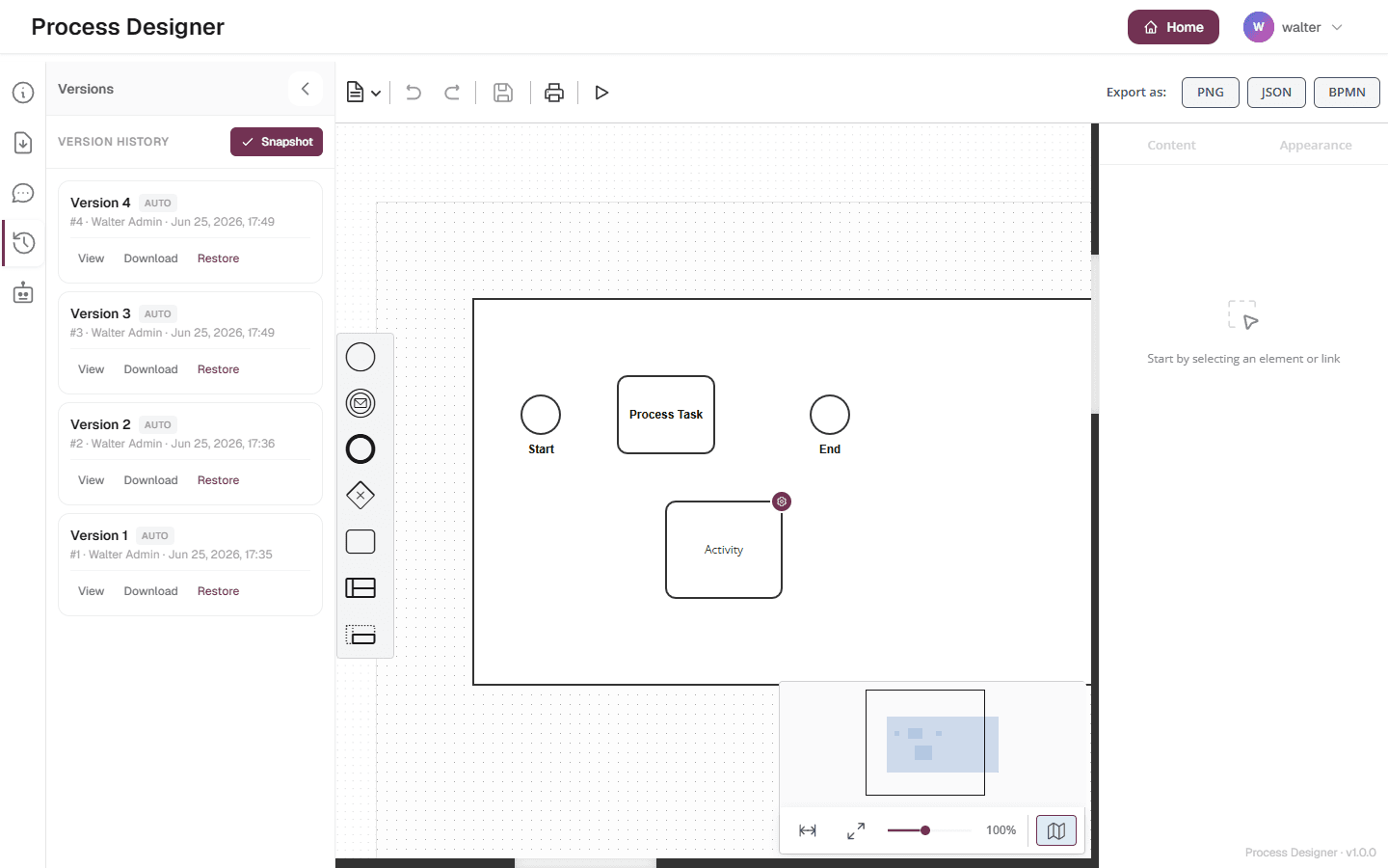 The version history panel with snapshots and View, Download and Restore actions